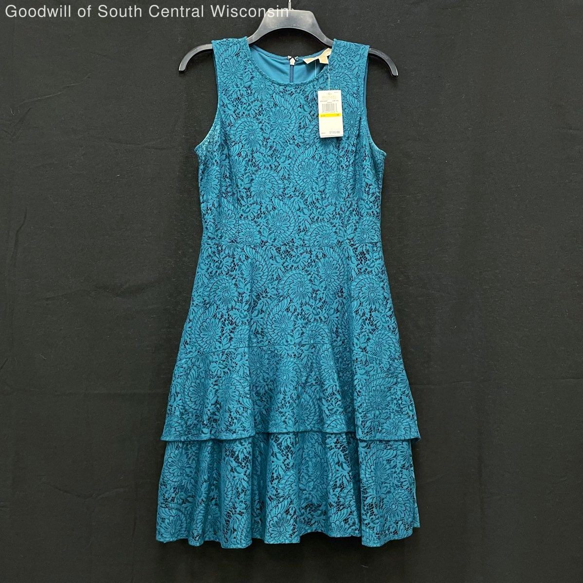 NWT Wmns MICHAEL KORS Teal Blue Sleeveless Lace Ruffle A-Line Dress Sz M