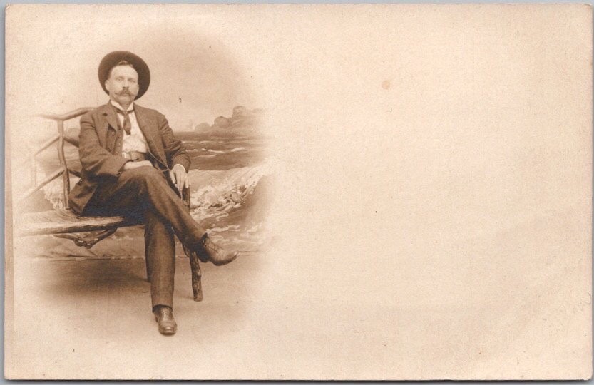 c1900s ATLANTIC CITY NJ Studio Photo RPPC Postcard Man / Large Mustache on Bench