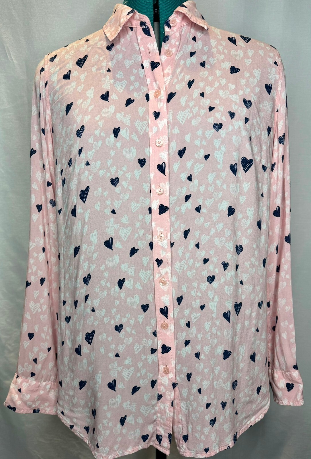 Talbots Petites MP Pink Navy Heart Print Button Front Rayon Blouse