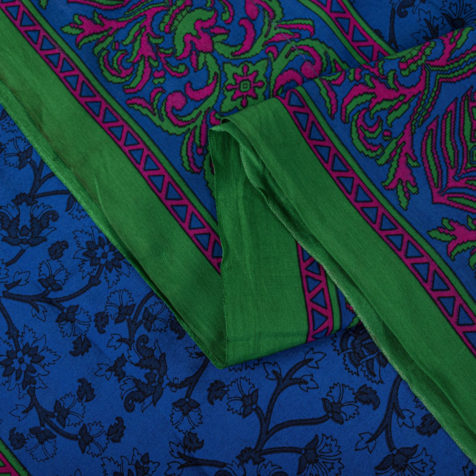 Sanskriti Vintage Saree Kalamkari Style Print Pure Crepe Blue Sari 5.5+Yd Fabric