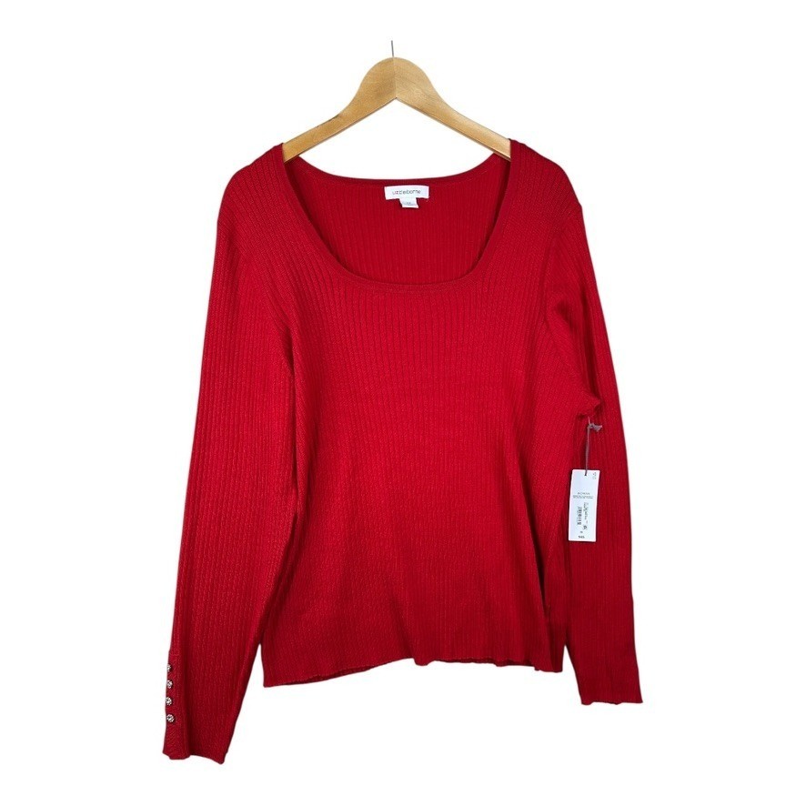 NWT Liz Claiborne Sweater Womens Red Cabaret Button Cuff Ribbed Pullover Sz 2X