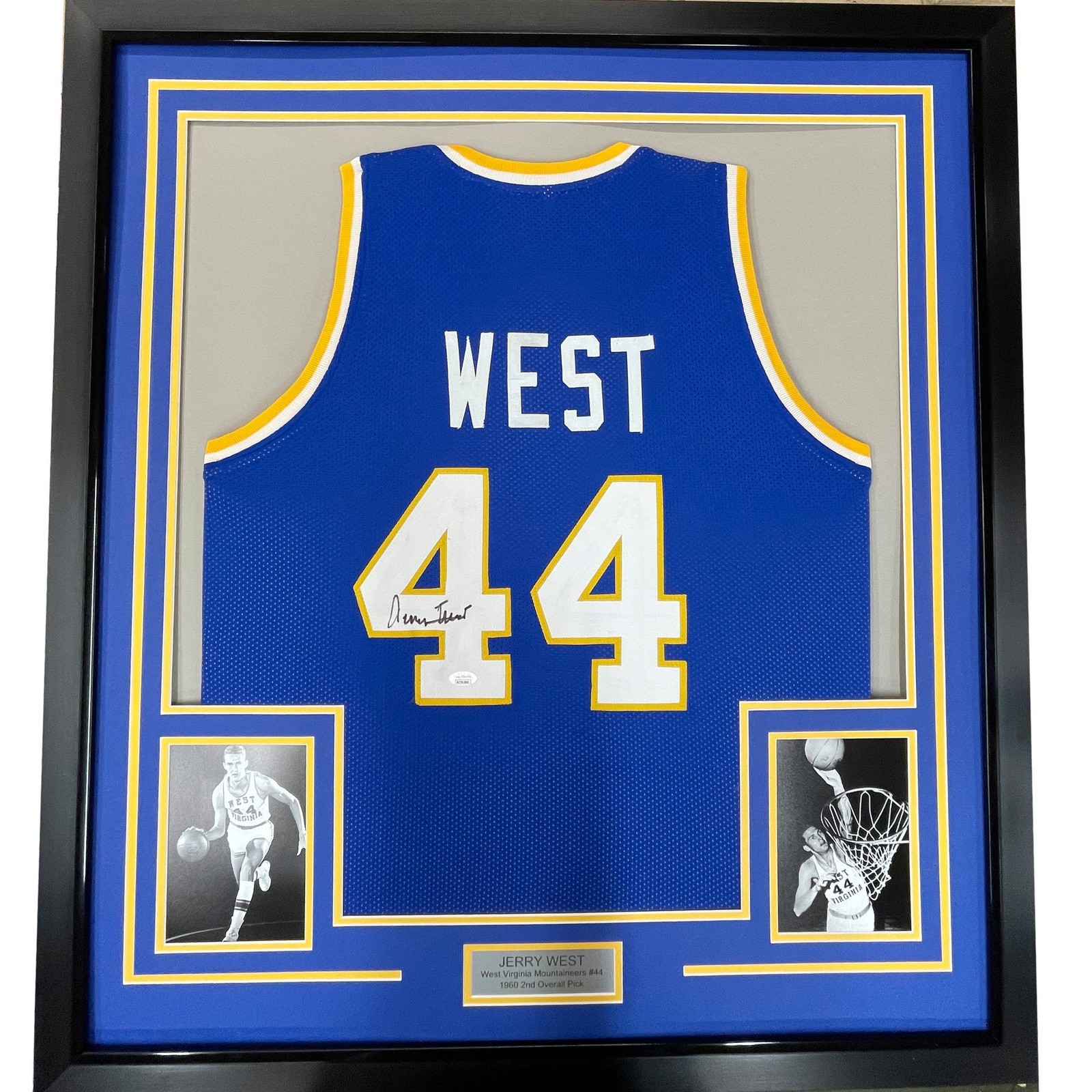 Framed Signed Jerry West 35x39 West Virginia Blue Jersey JSA COA