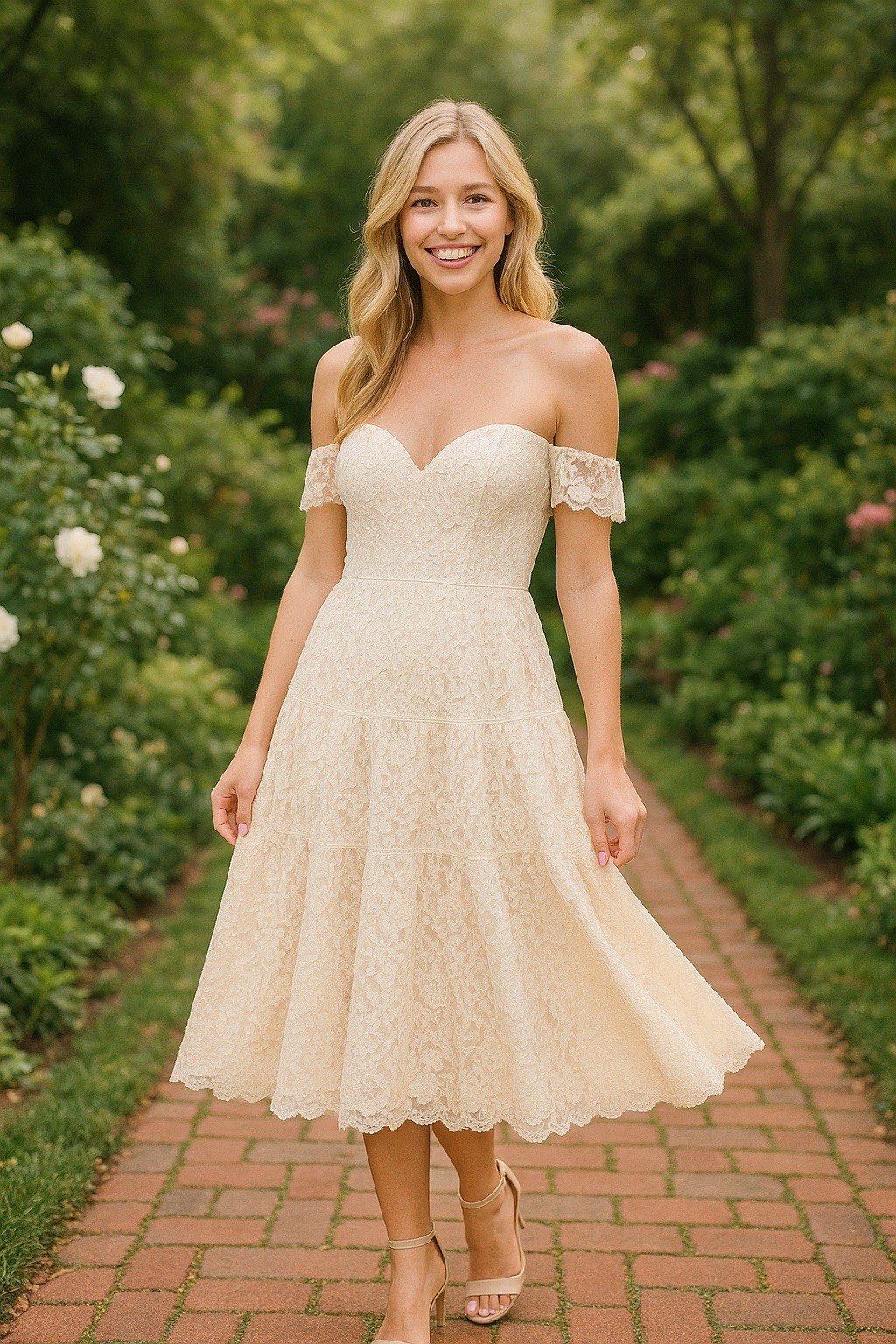 NWT Lulu\'s Midi Dress XS Tiered Floral Lace Wedding Romantic Whimsical Cream