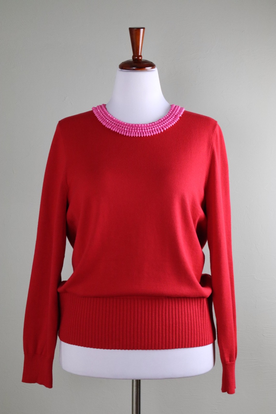 TALBOTS NWT $109 Red Embellished Beaded Collar Pullover Sweater Top Size Large