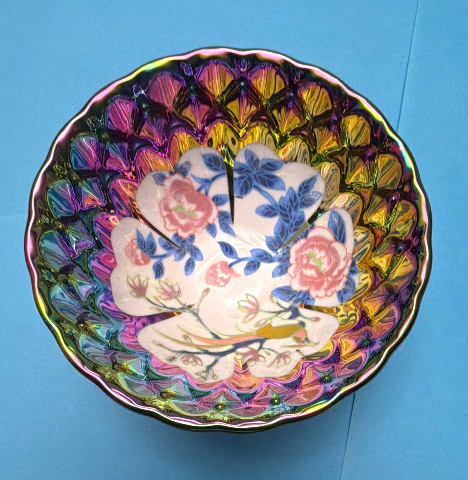 Unmarked Iridescent Carnival Glass Floral Pattern Round Bowl, Multicolor Unmarked Iridescent Carnival Glass Floral Pattern Round Bowl, Multicolor