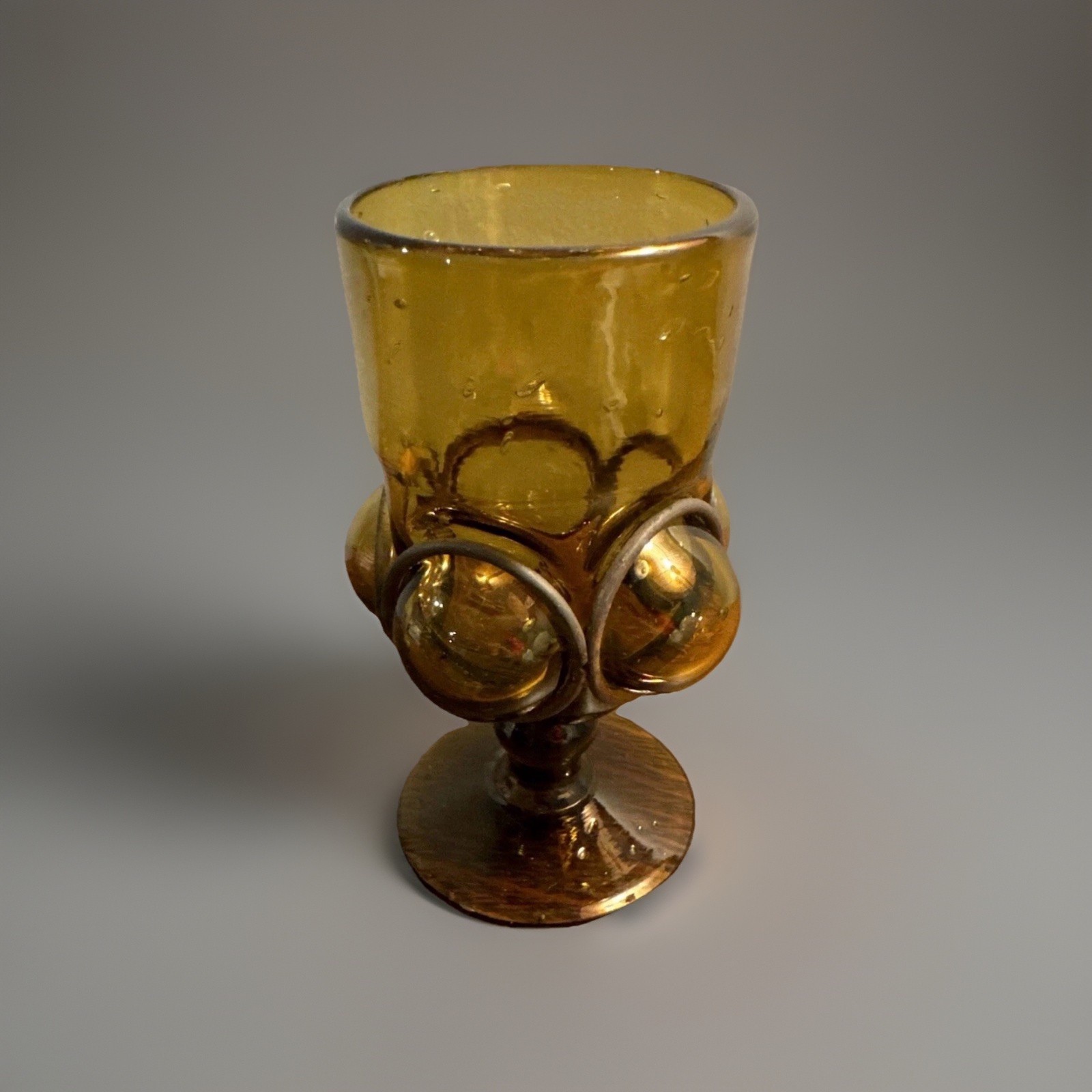 Vintage Amber Prunted Art Glass Goblet Hand Blown Czech Bohemian MCM Stemware