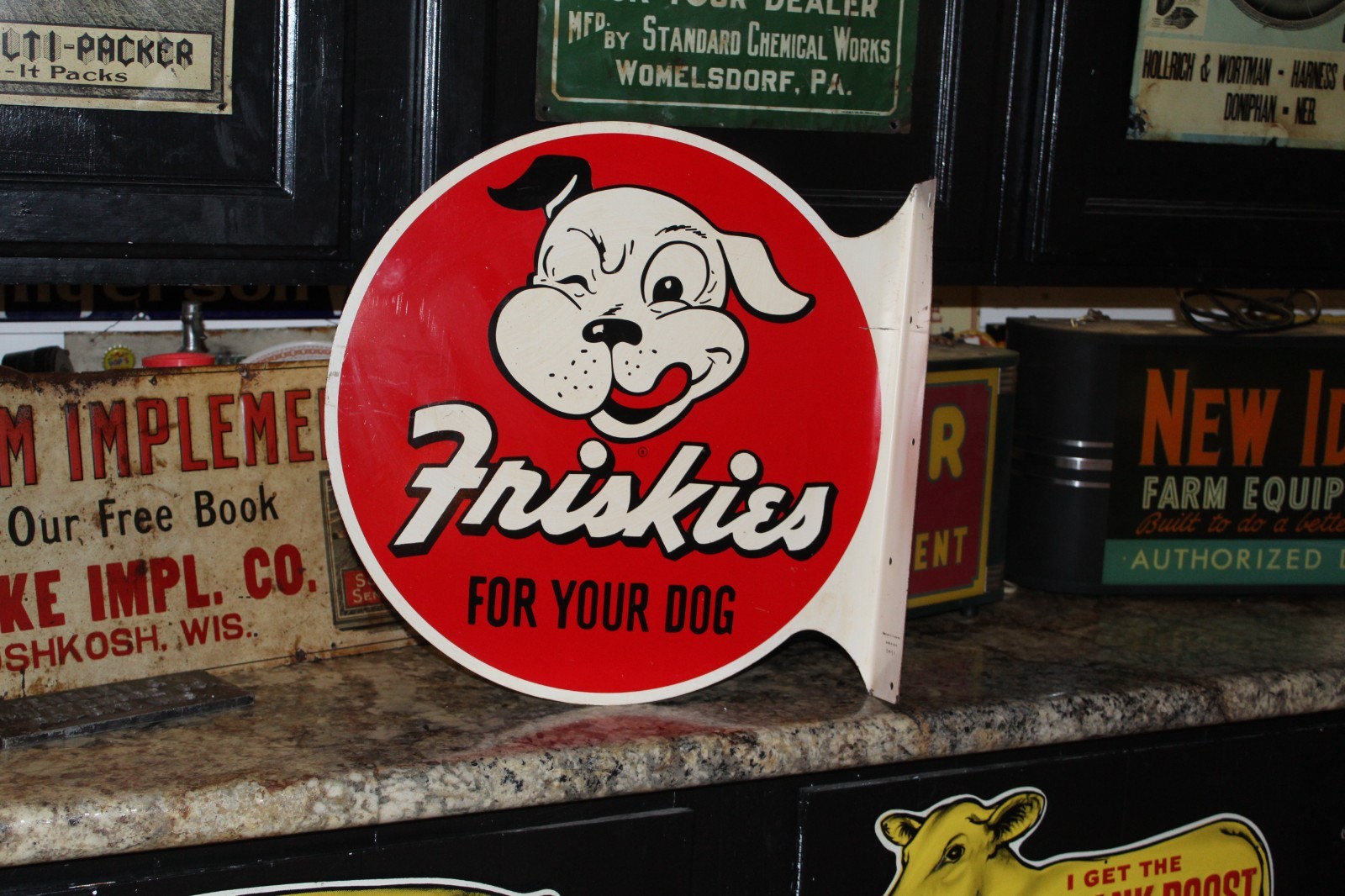 RARE 1951 LARGE FRISKIES DOG FOOD PAINTED METAL 2-SIDED FLANGE SIGN PET STORE