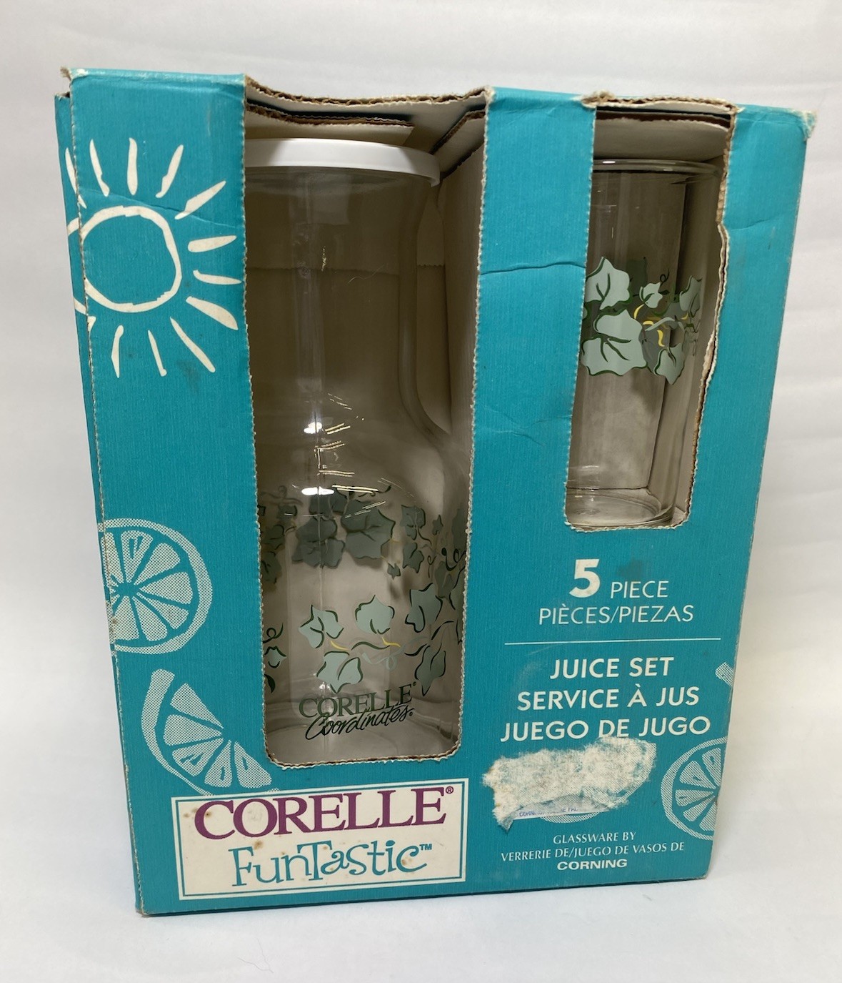 VTG NEW 1996 Corelle Coordinates FunTastic 5 Piece Juice Set Green Ivy Leaf