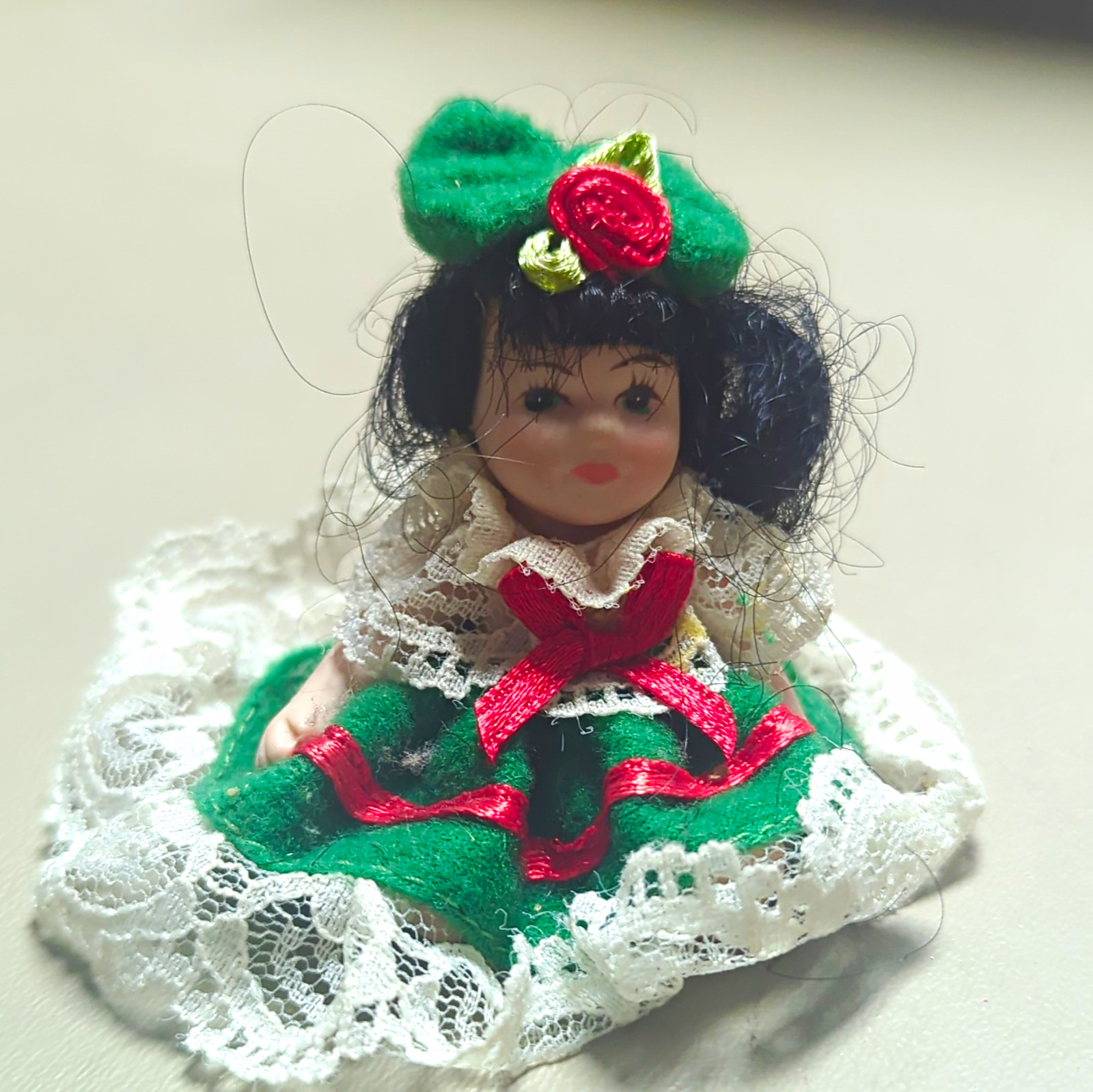 Vintage Miniature Bisque Christmas Doll 3 in Green Dress White Lace Red Ribbon