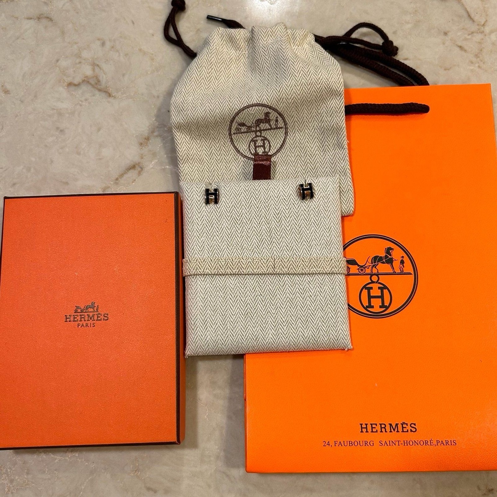 Hermes Mini Pop H Earrings Black Gold Plated Birkin Kelly New Designer W/ Box