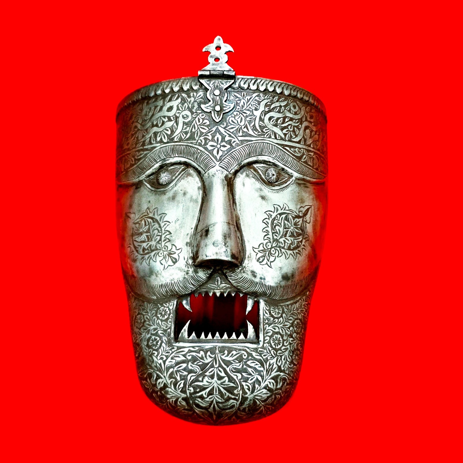 VINTAGE IRON MUGHAL INDO PERSIAN ISLAMIC WARRIOR\'S FACE MASK ARABIC INSCRIPTION