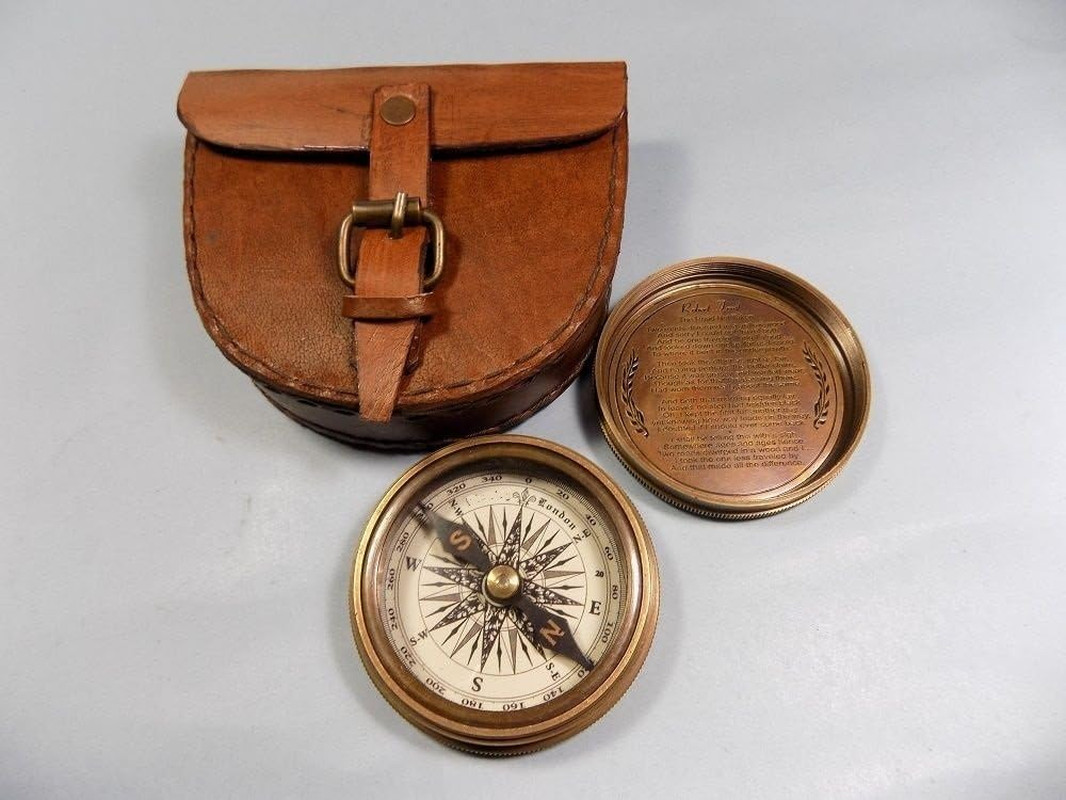 Authentic Vintage Brass Pocket Compass with Leather Case Rustic Vintage Home