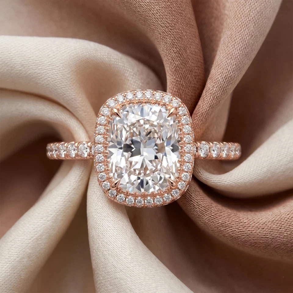 IGI 3 Ct Cushion F/VS1 Lab Grown Diamond Women Halo Promise Ring 14K Rose Gold