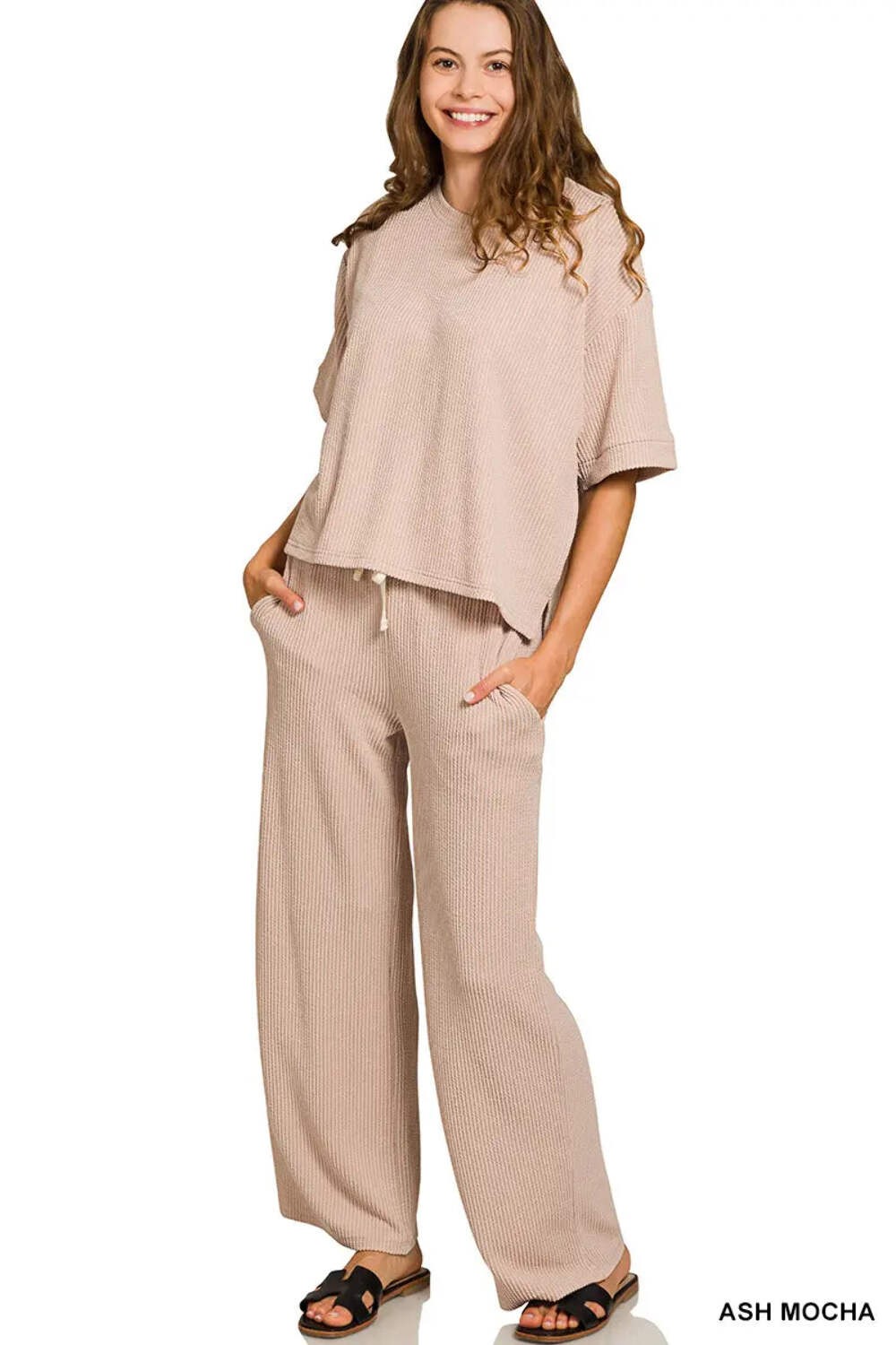 Zenana Women\'s Raised Rib Short Sleeve Top & Pants Set - Ash Mocha