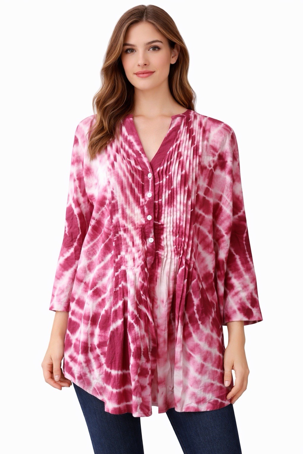 Chico’s Blouse Size 2 L Pink Tie Dye Pleated Cotton Casual Cotton