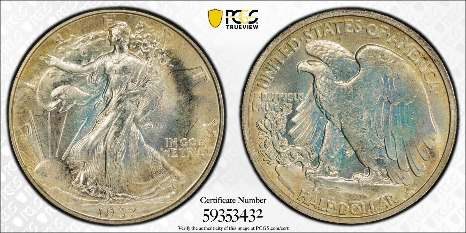 1937 50C PR67+ PCGS CAC Toned Proof Walking Liberty Half Dollar - Superb Gem PQ