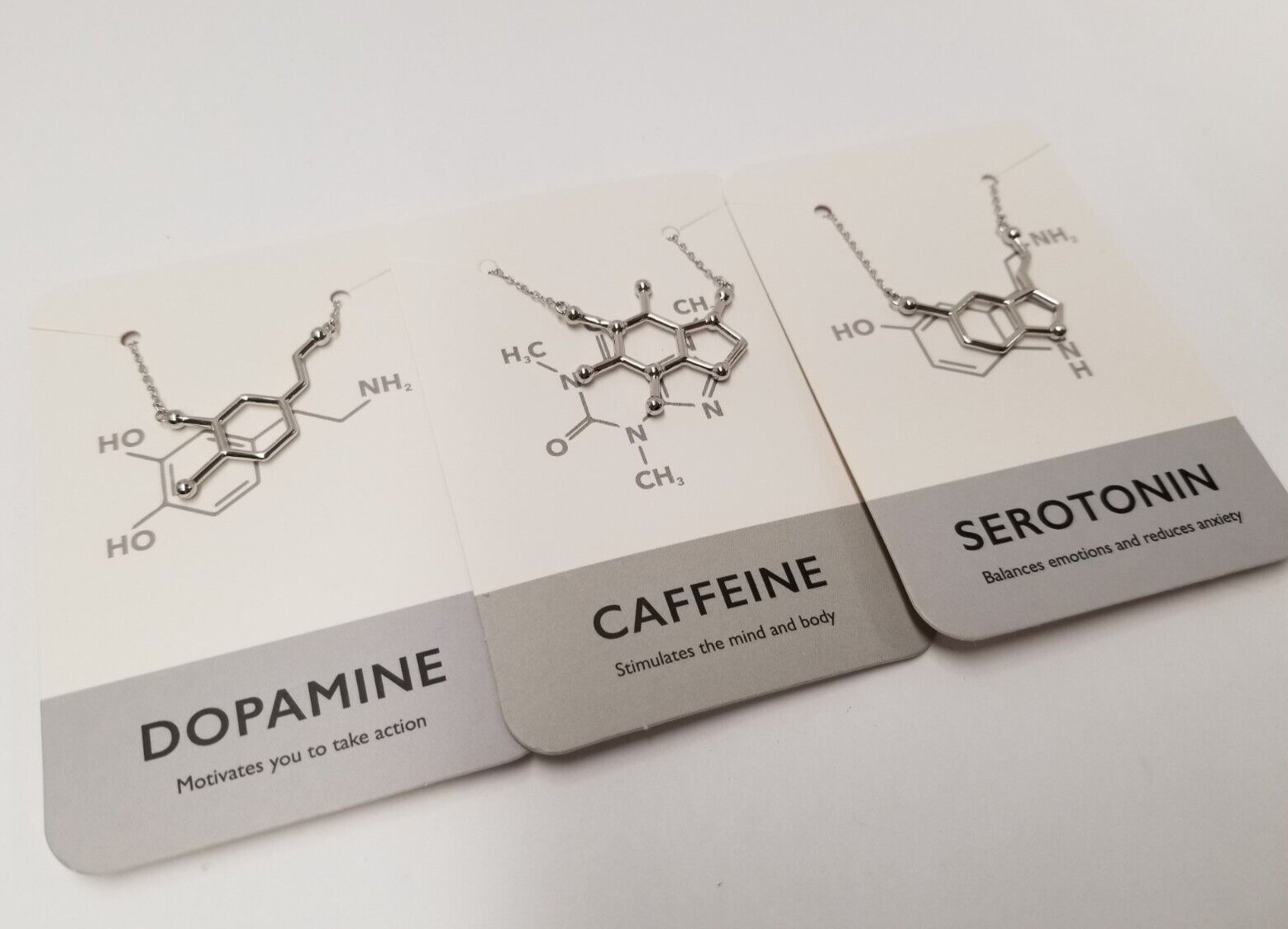Dopamine, Caffeine, & Serotonin Molecule Sterling Silver Science Necklaces (3)