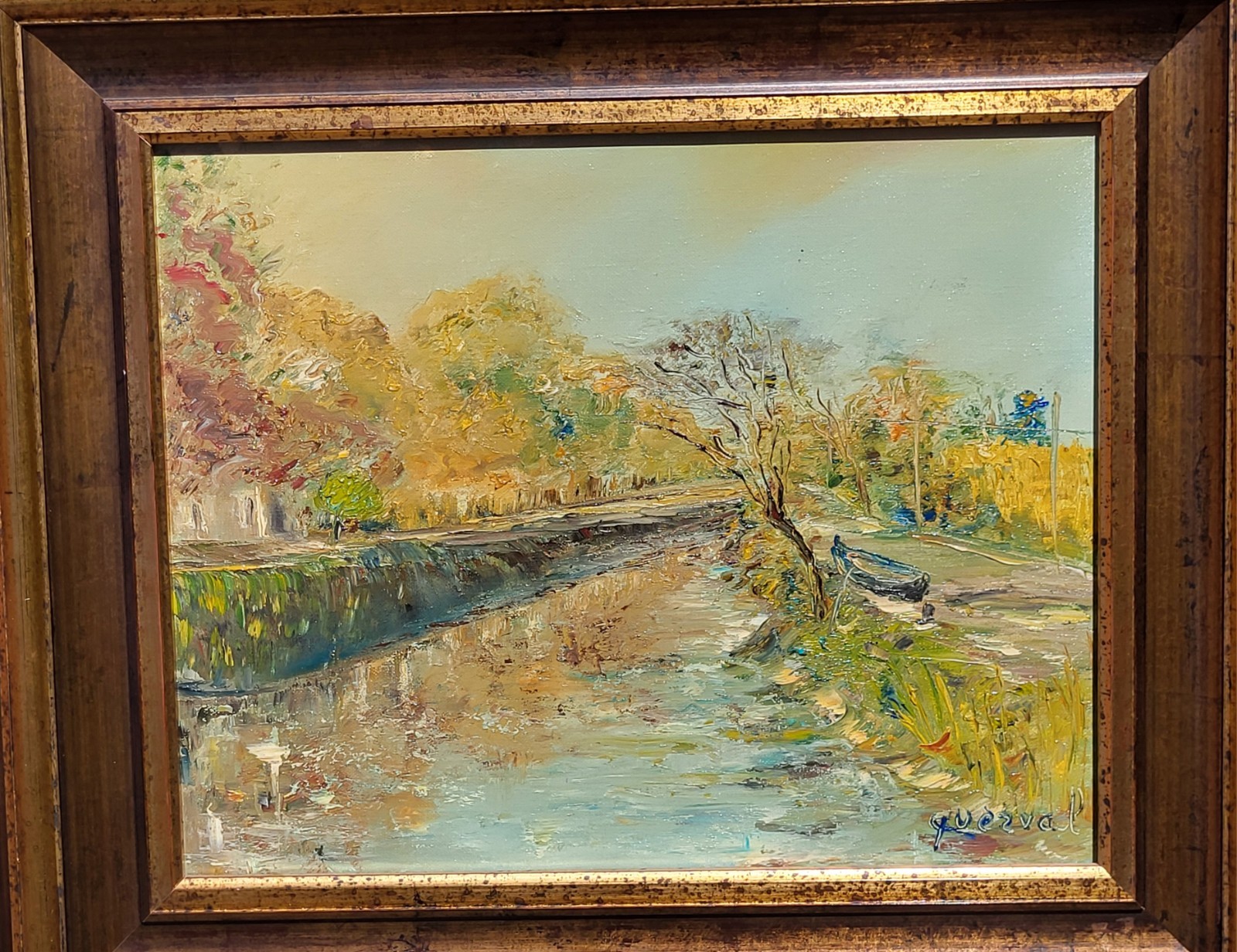 QUERVAL . The Dry Canal Landscape. Oil Painting on Canvas, Signed 