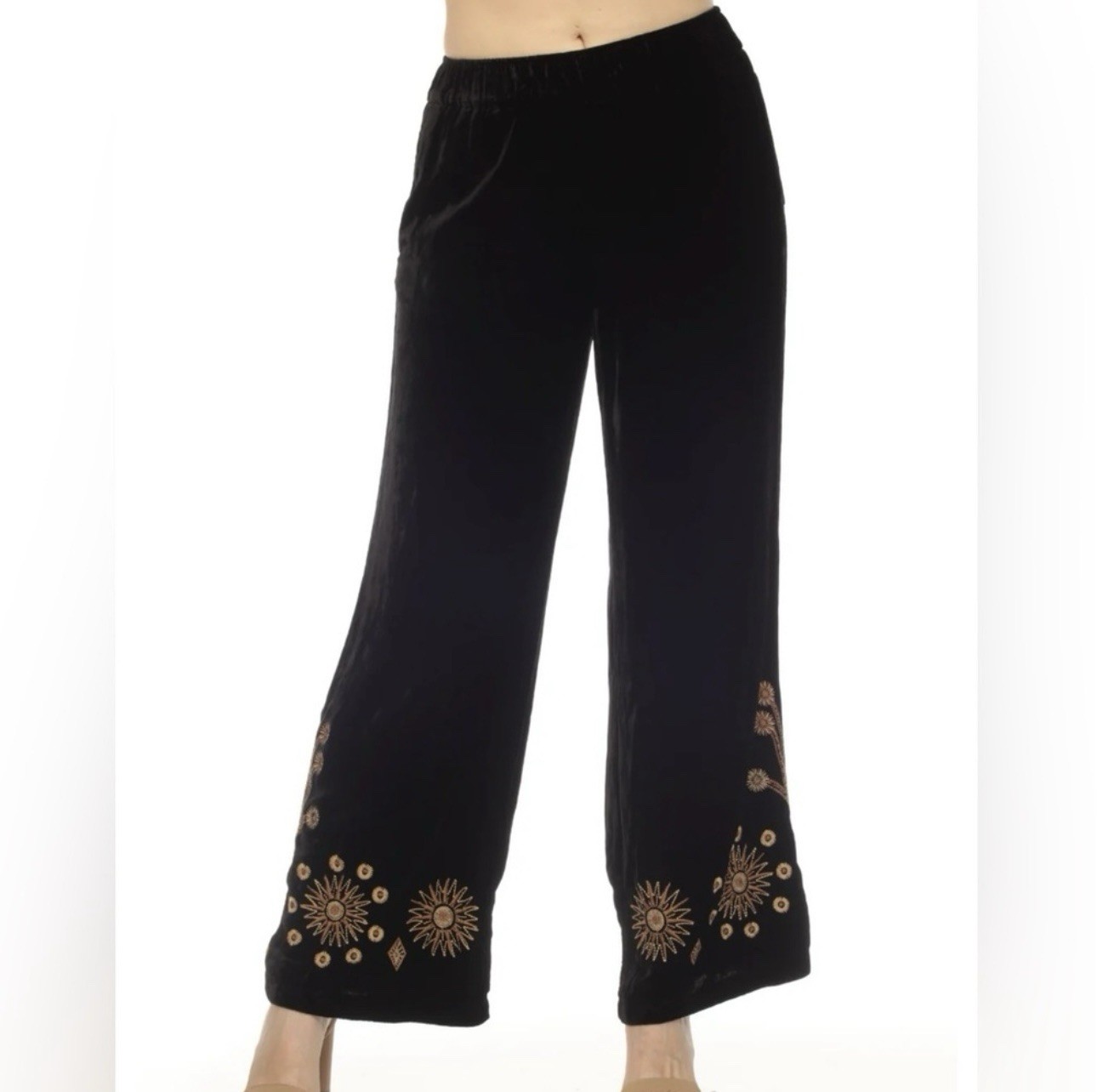 Johnny Was Heidi Black Velvet Embroidered Wide-Leg Pants Elastic Waist, Large  