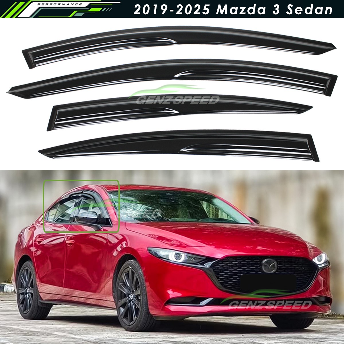 For 2019-2026 Mazda 3 Sedan JDM Mugen Style Window Visors Rain Guards Deflectors