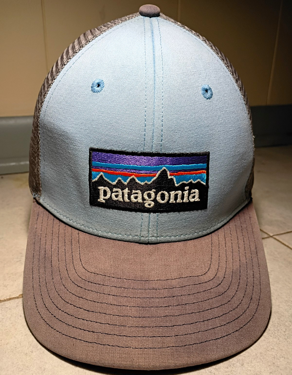 Patagonia P-6 Logo Trucker Hat Light Blue Gray Snapback Mesh Cap Mountain Patch