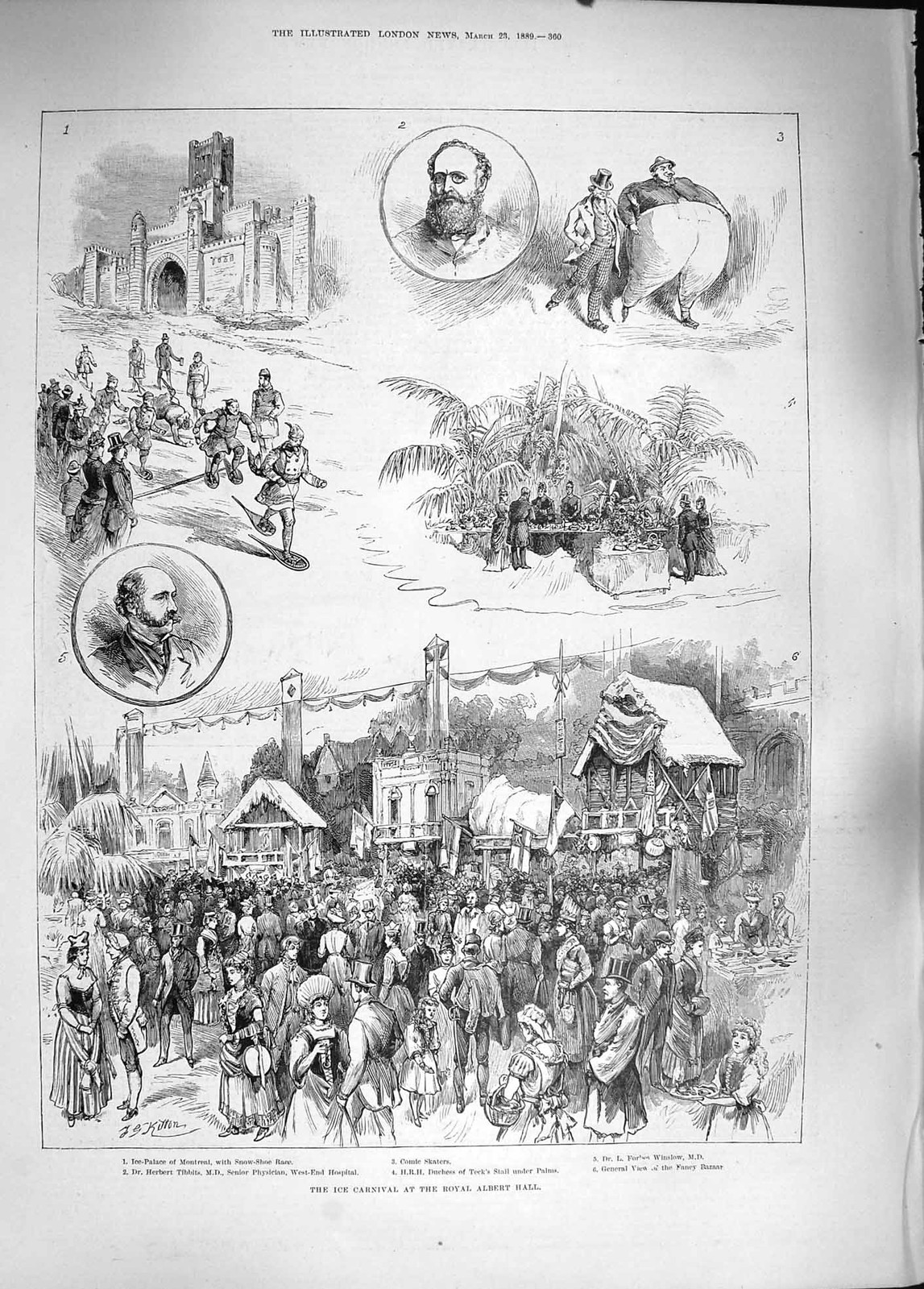 Original Old Antique Print 1889 Ice Carnival Royal Albert Hall Herbert Tibbits