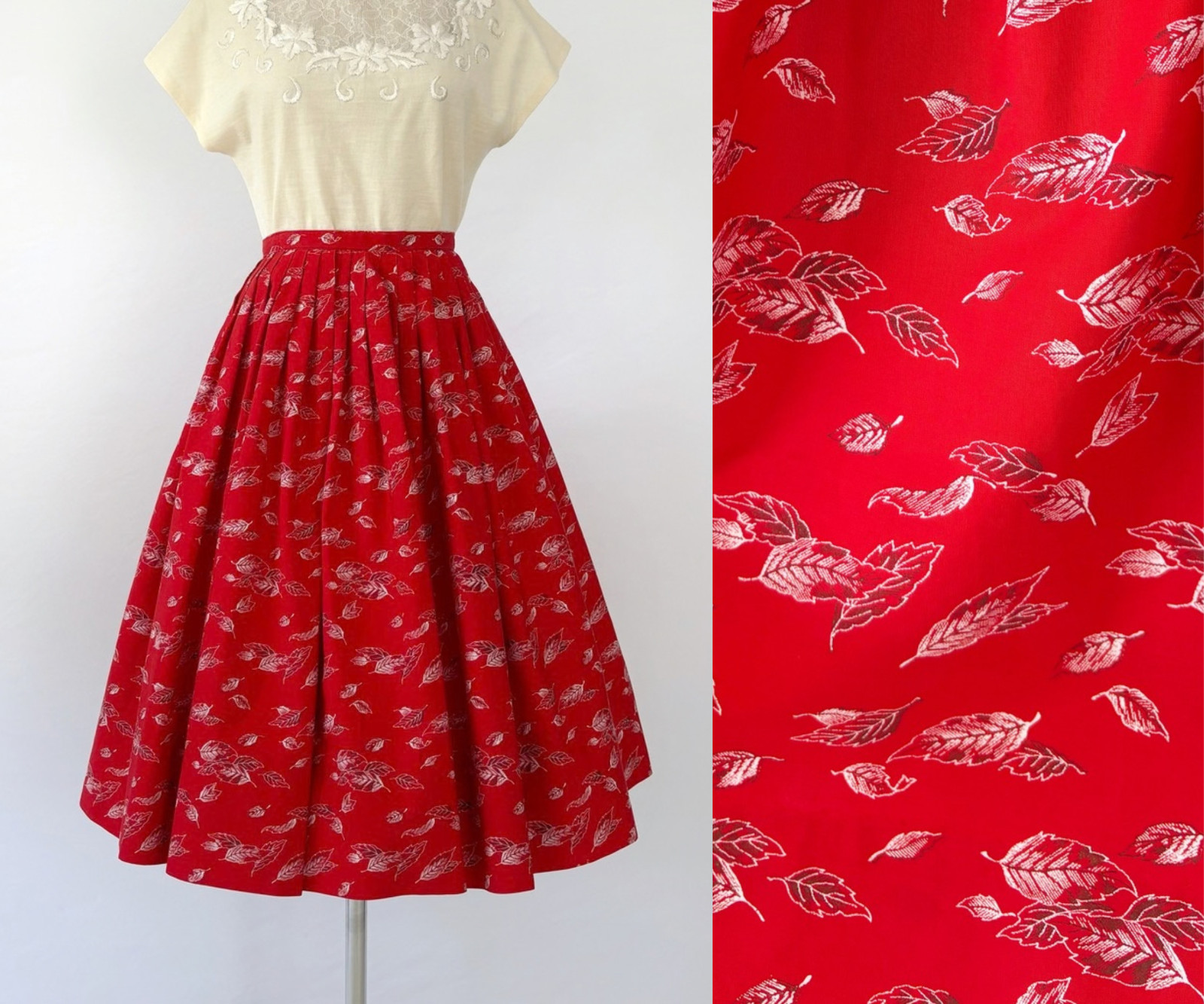 Vintage 1950s Autumn Red Novelty Leaf Swing Skirt, 50s Cotton Fit Flare, Small
