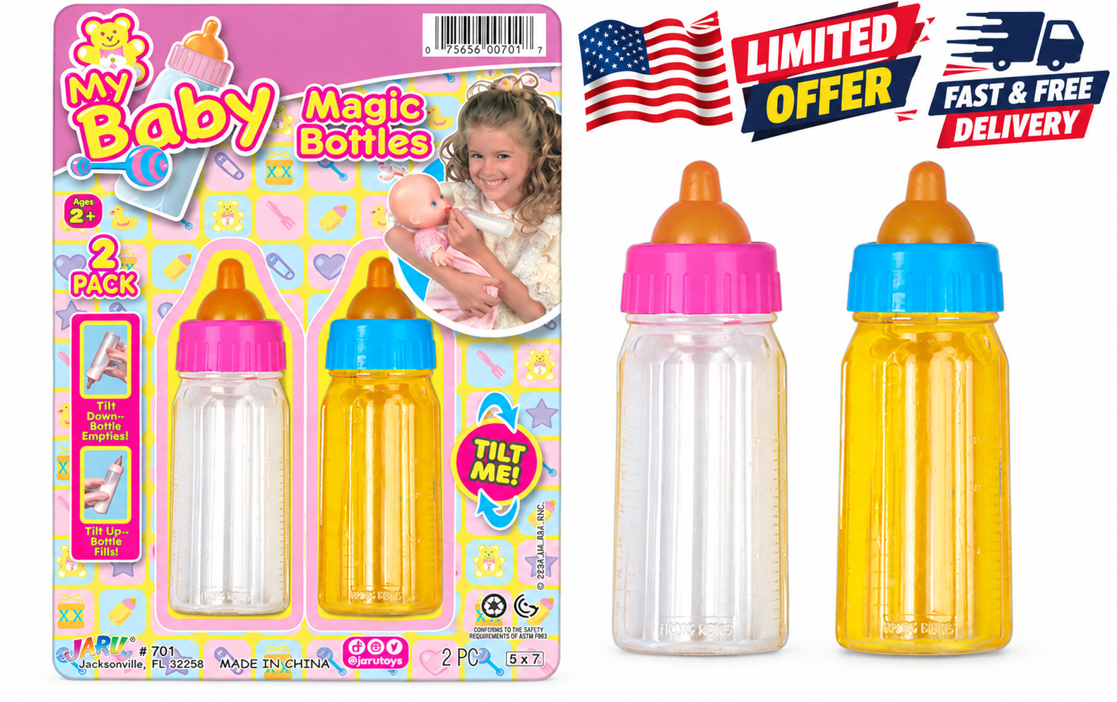 Ja-Ru Magic Baby Doll Bottles, 1 Milk Bottle and 1 Juice Bottle