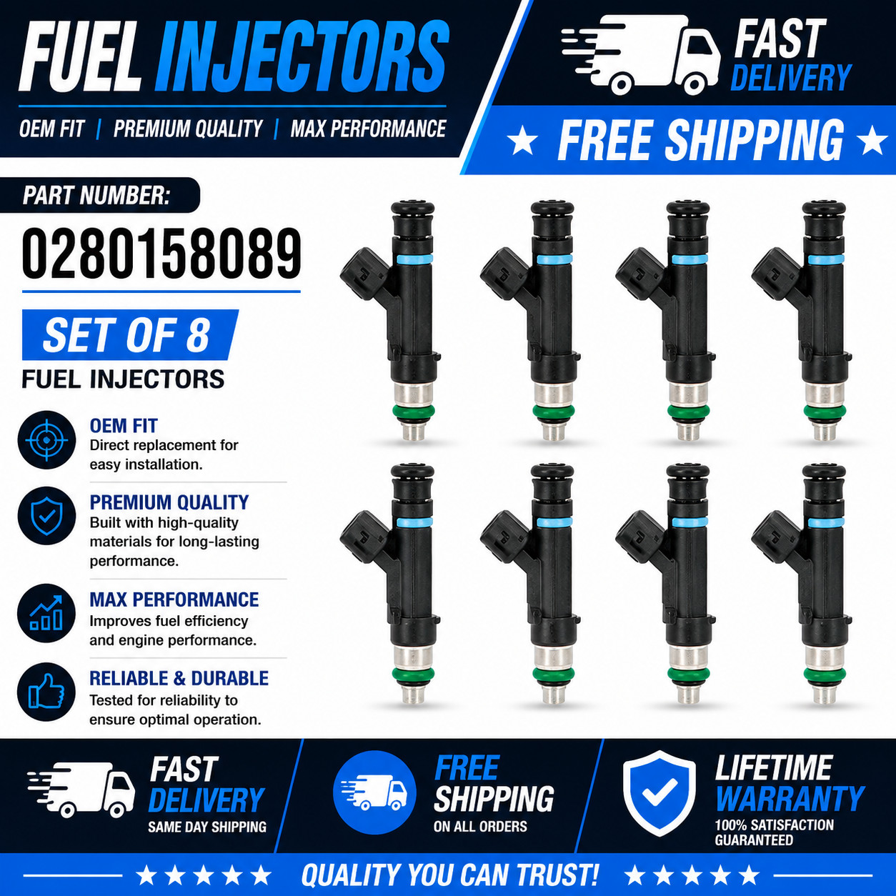 8x OEM Bosch Fuel Injectors for 2006-2011 Ford Crown Victoria 4.6L V8 0280158089