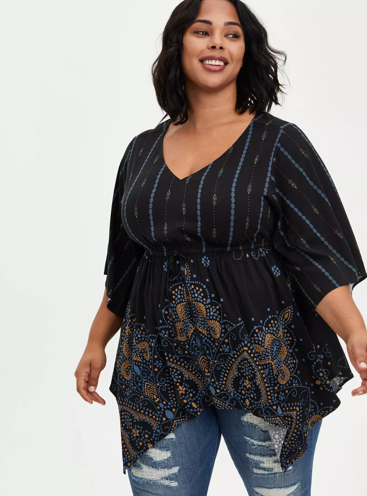 NWT Torrid Babydoll Medallion Sharkbite Lattice Tunic Top Shirt Size: 0X (12) NWT Torrid Babydoll Medallion Sharkbite Lattice Tunic Top Shirt Size: 0X (12)
