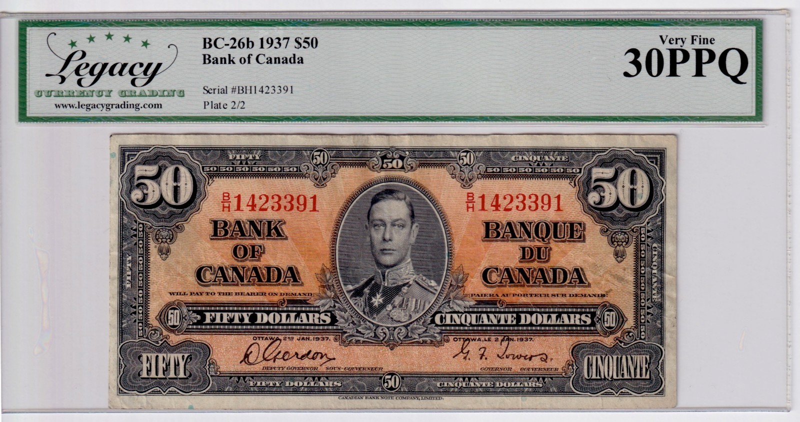 Canada $50 1937 BC-26b / P-63b KG VI Legacy Graded VF30 B/H 1423391