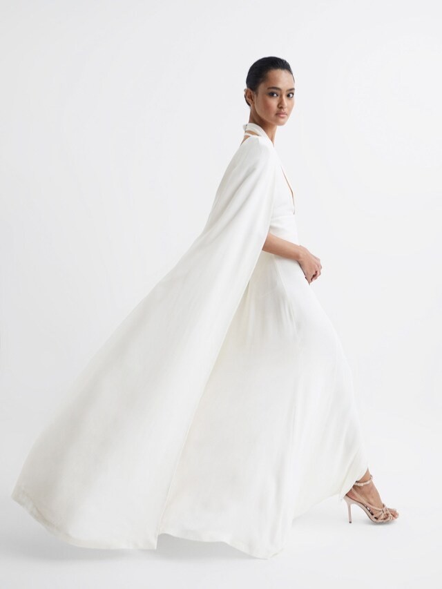 REISS Grace Maxi Dress With Cape in White Size UK Size 12