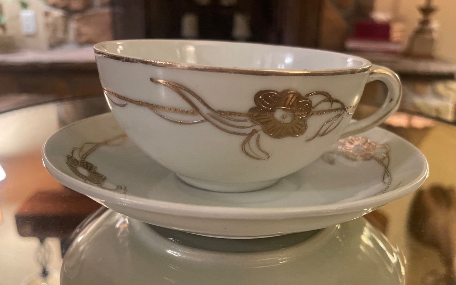 Vtg  Porcelain Hand Painted Tea Cup & Saucer Gold Floral Sprigs EE Japan 1930’s