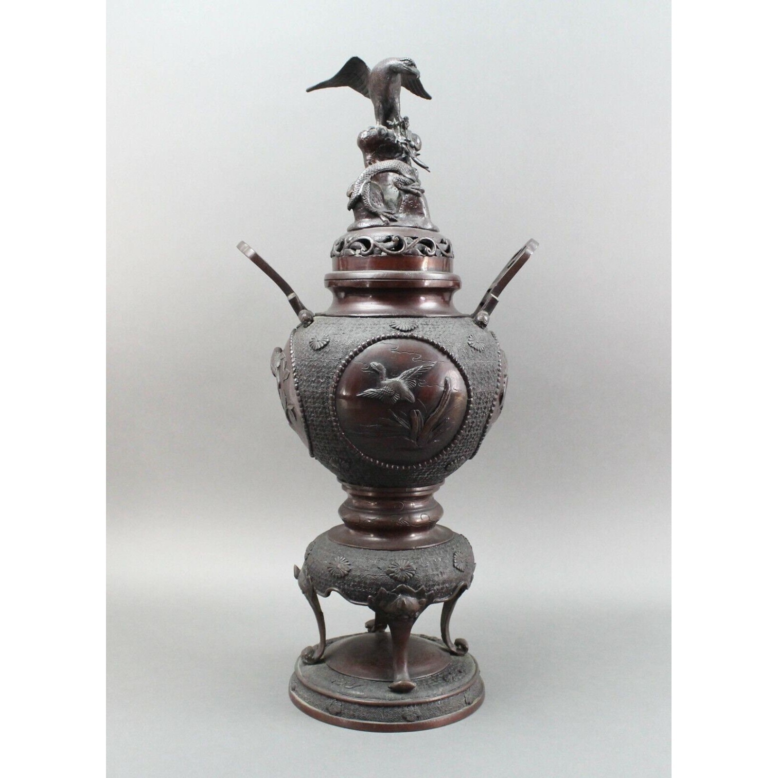 Monumental Antique Japanese Bronze Censer Koro Incense Burner Eagle Dragon