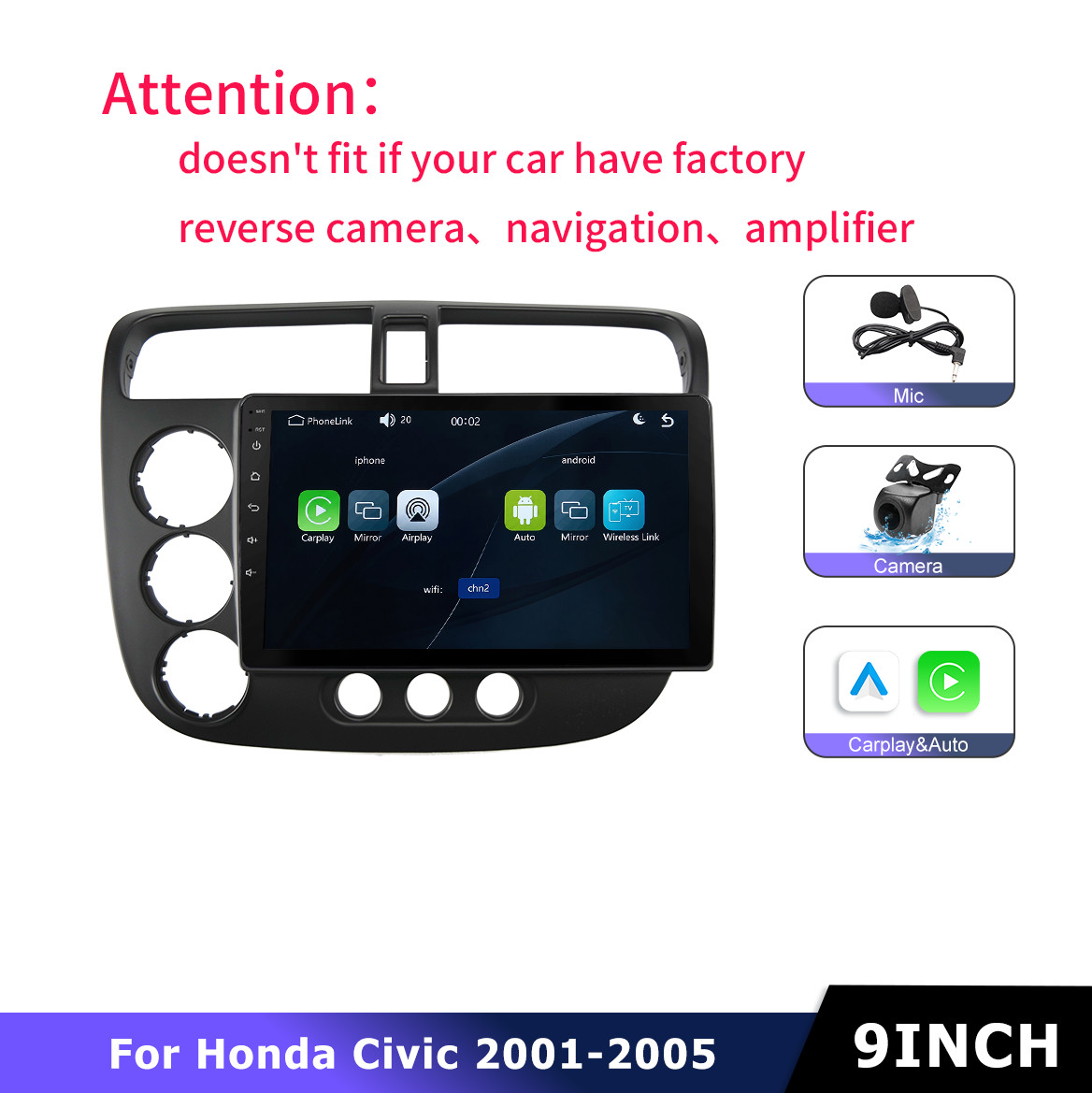 Carplay Android Auto Radio Stereo For Honda Civic 2001-2005 Linux System Camera