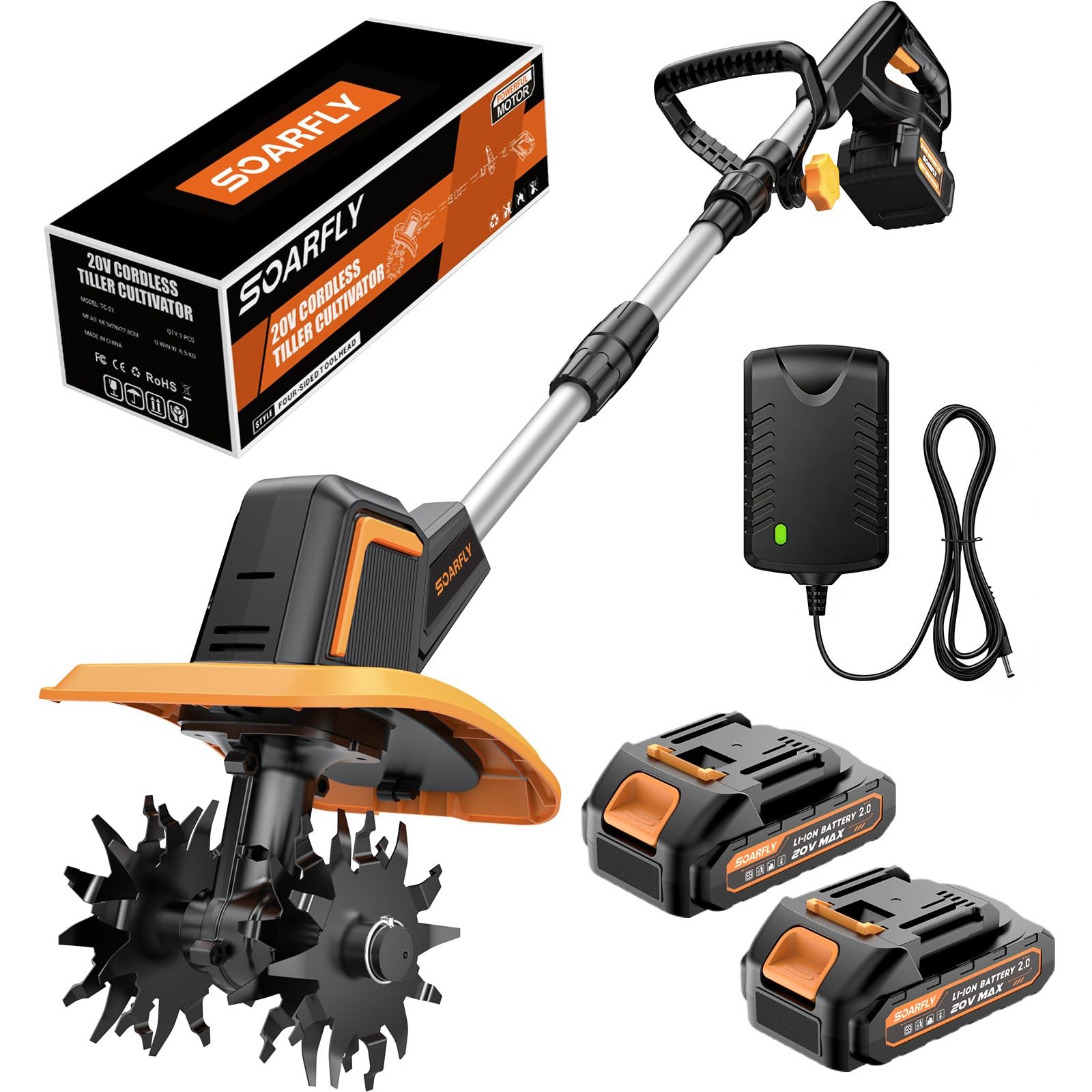 SOARFLY Upgraded Cordless Tiller for Gardening with Dual 2.0Ah Batteries, 48 ...