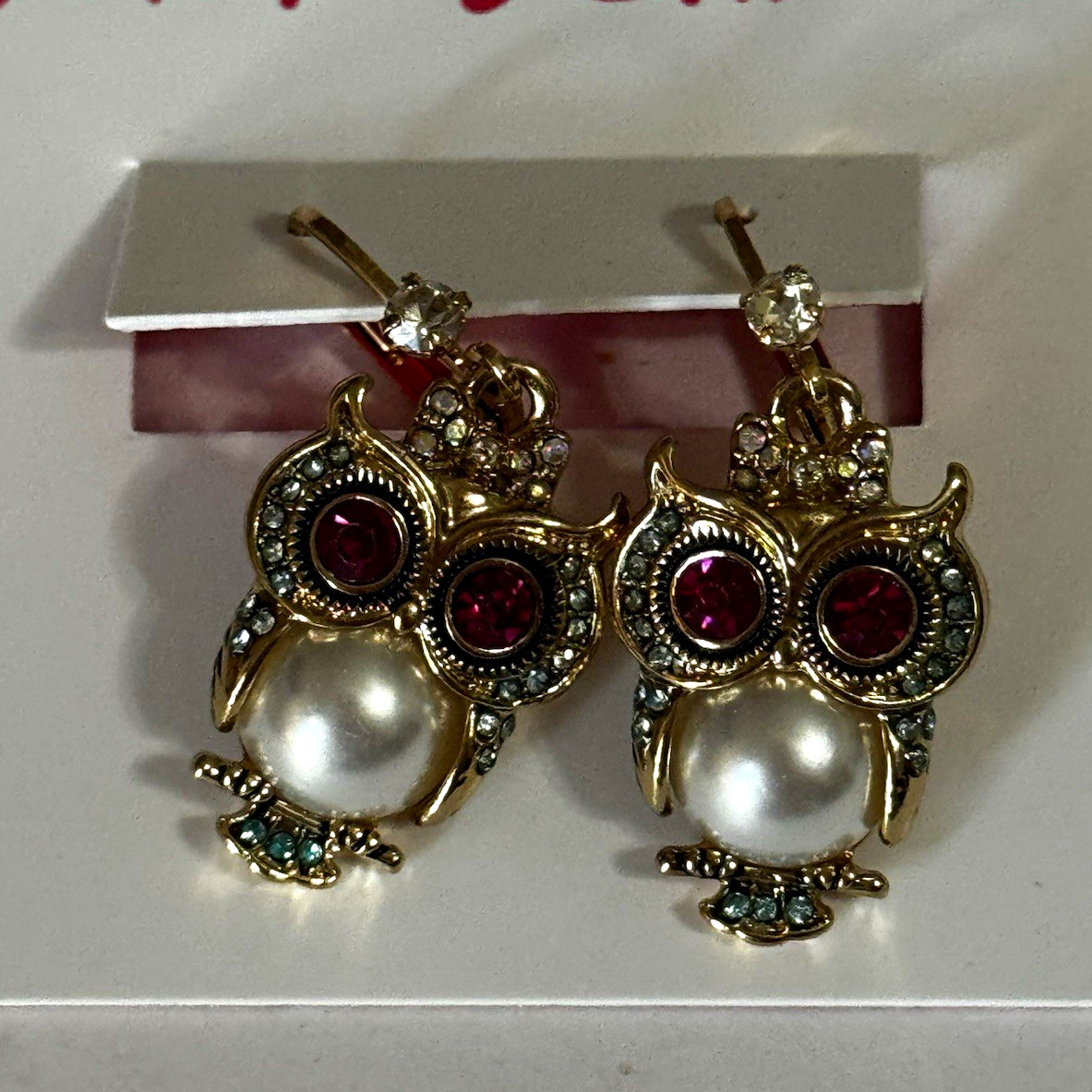Betsey Johnson Owl Dangle/Drop Hook Earrings, Gold Tone Sim Pearl Rhinestone Betsey Johnson Owl Dangle/Drop Hook Earrings, Gold Tone Sim Pearl Rhinestone