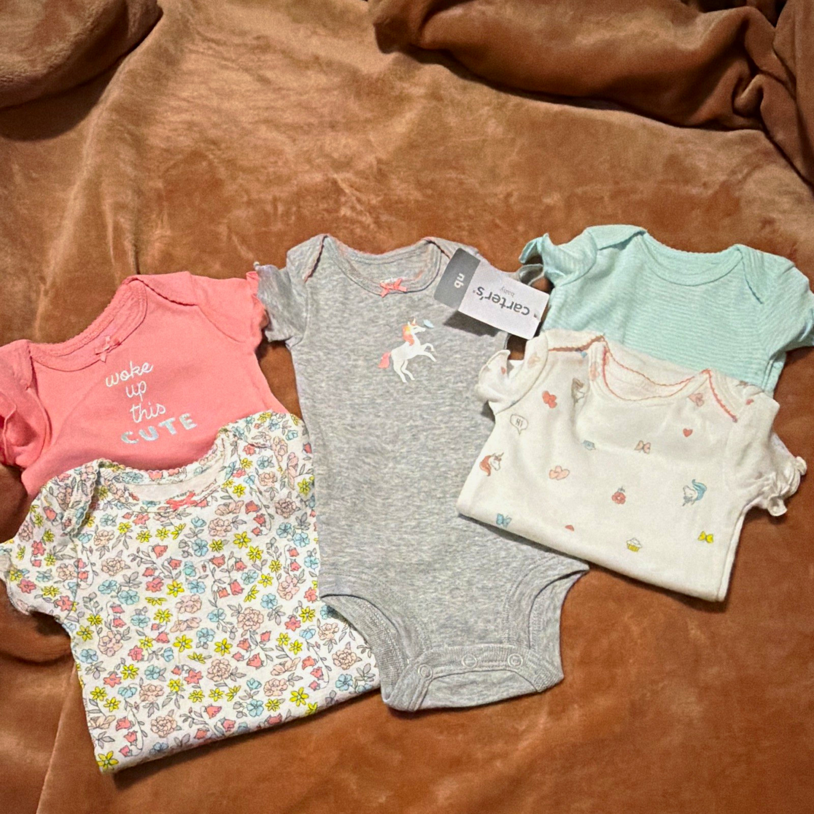 Carter\'s Newborn Girls 5-Pack Short Sleeve Cotton Knit Bodysuits Floral Unicorn