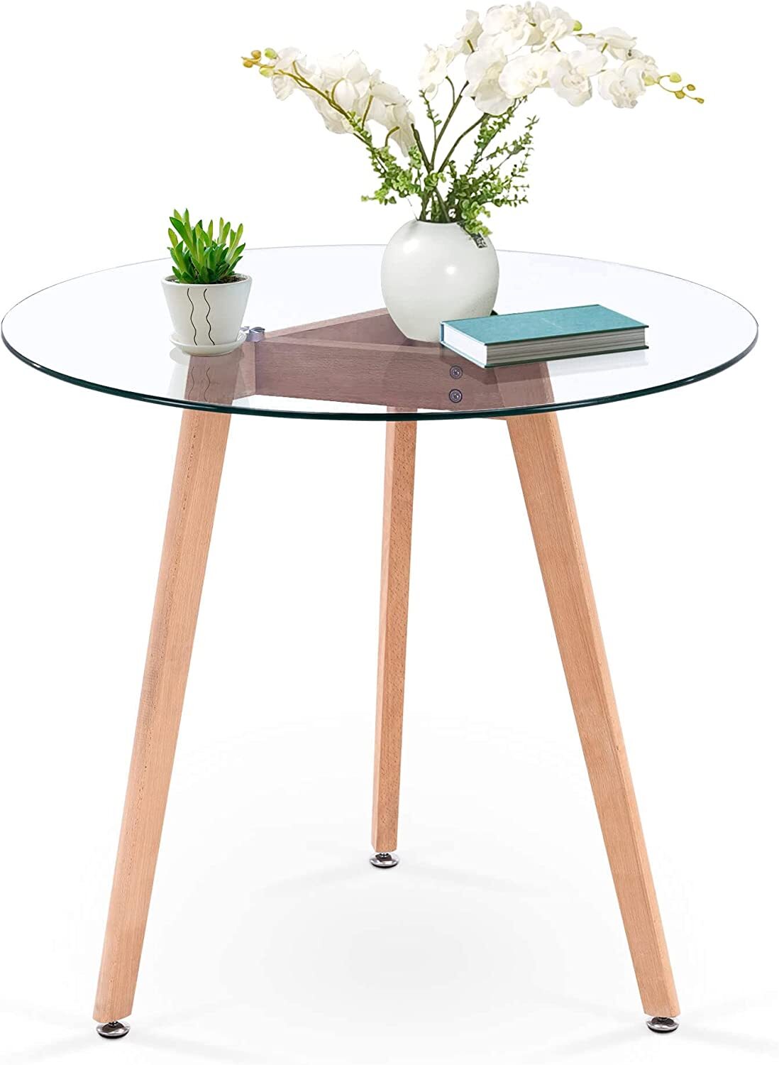Ivinta Dining Table with Glass top, Round Kitchen Table with Wood Legs