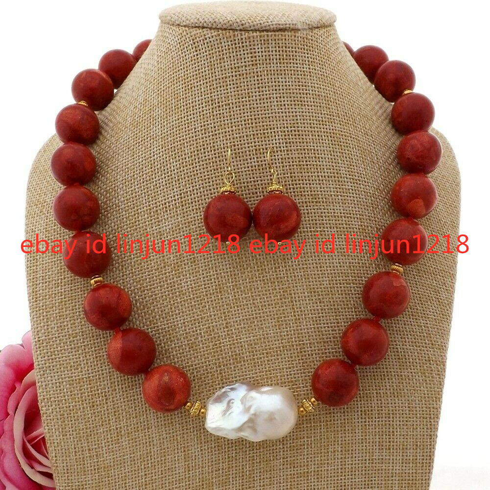 Huge 14mm Red Coral White Keshi Pearl Rond Beads Necklace Earrings Set Huge 14mm Red Coral White Keshi Pearl Rond Beads Necklace Earrings Set