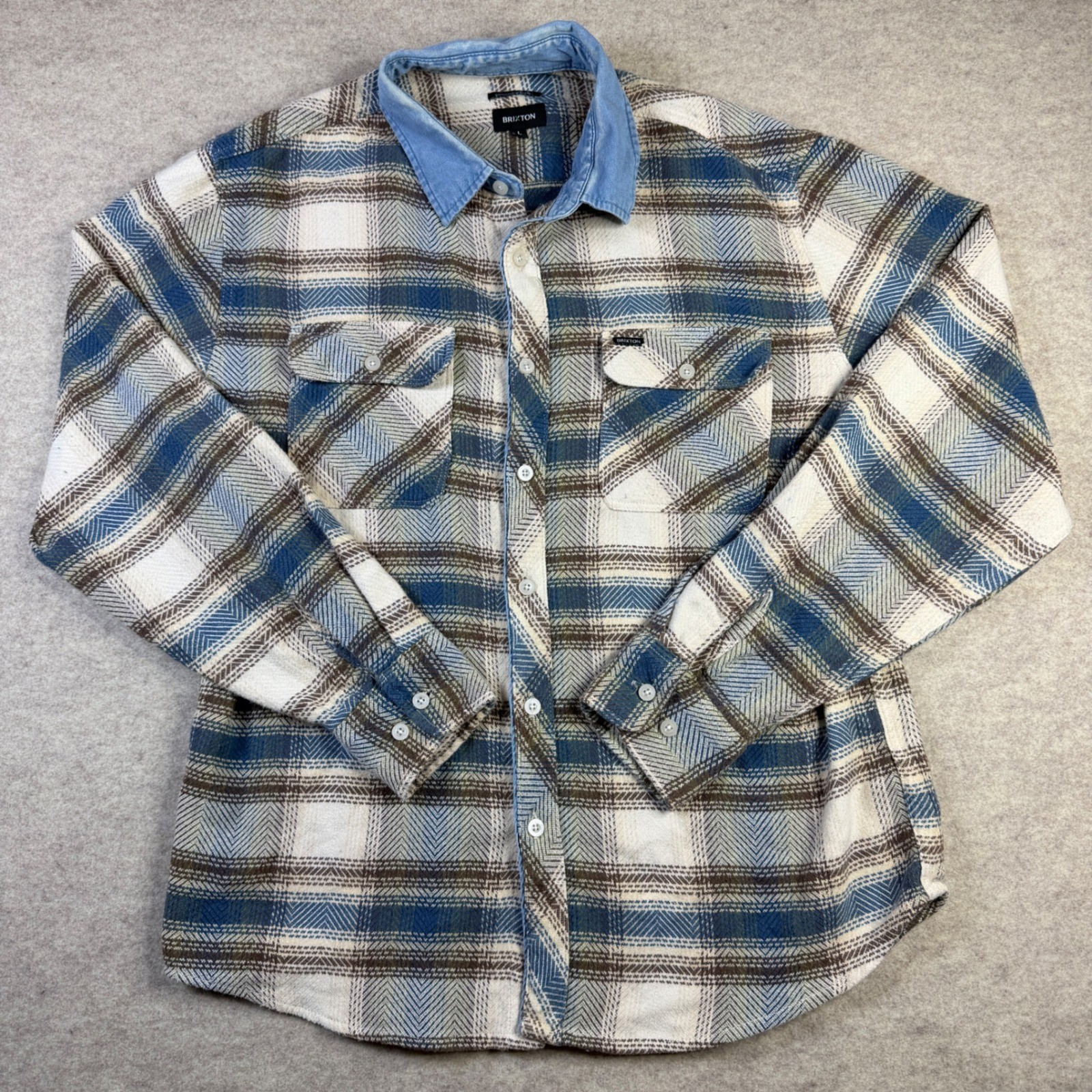 Brixton Bowery Flannel Shirt Mens L Blue Brown Plaid Denim Collar Standard Fit