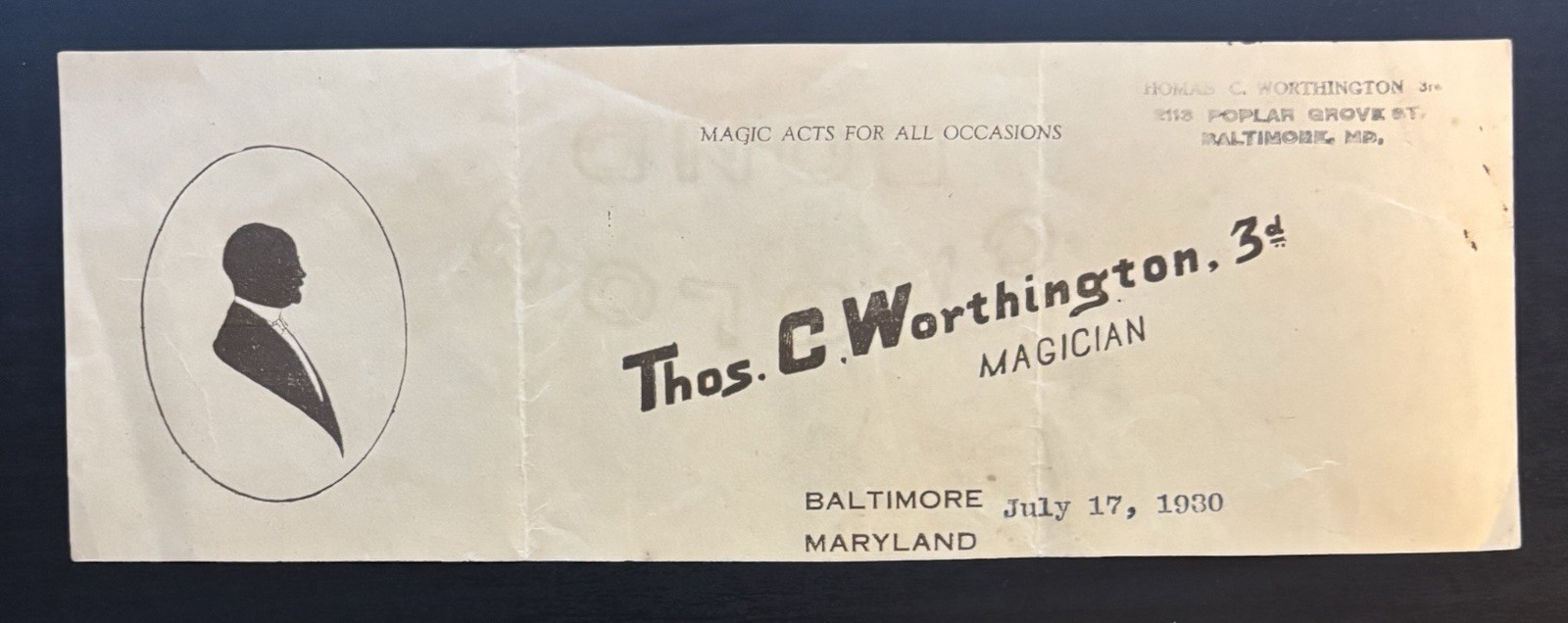 Thomas Worthington Letterhead, Howard Thurston, Magician, Illusionist, Rare