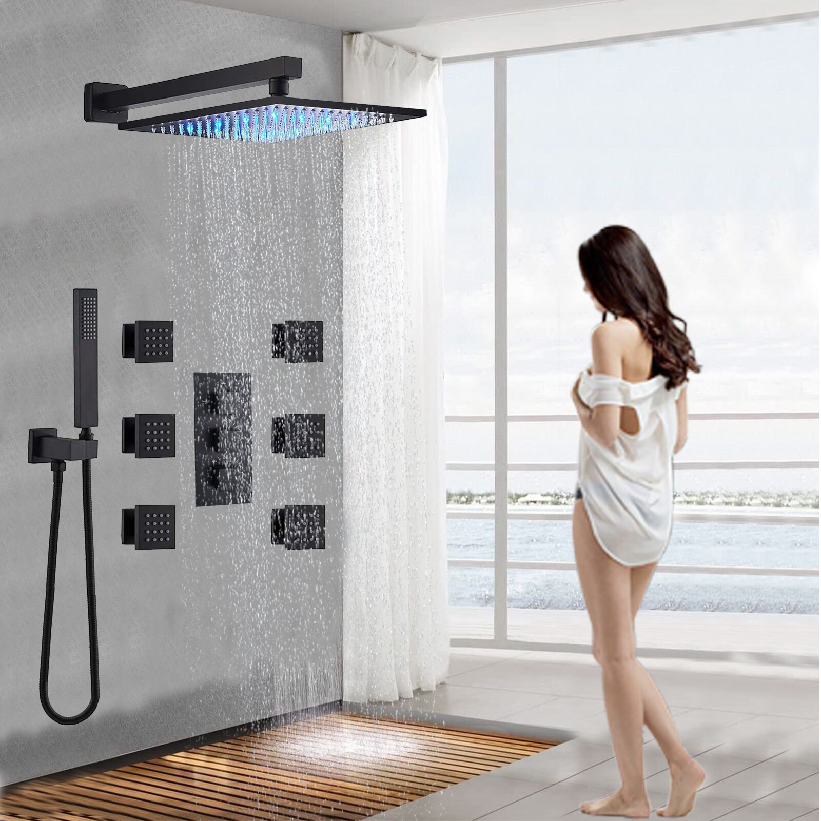 Black Thermostatic Shower Faucet Set LED 16\