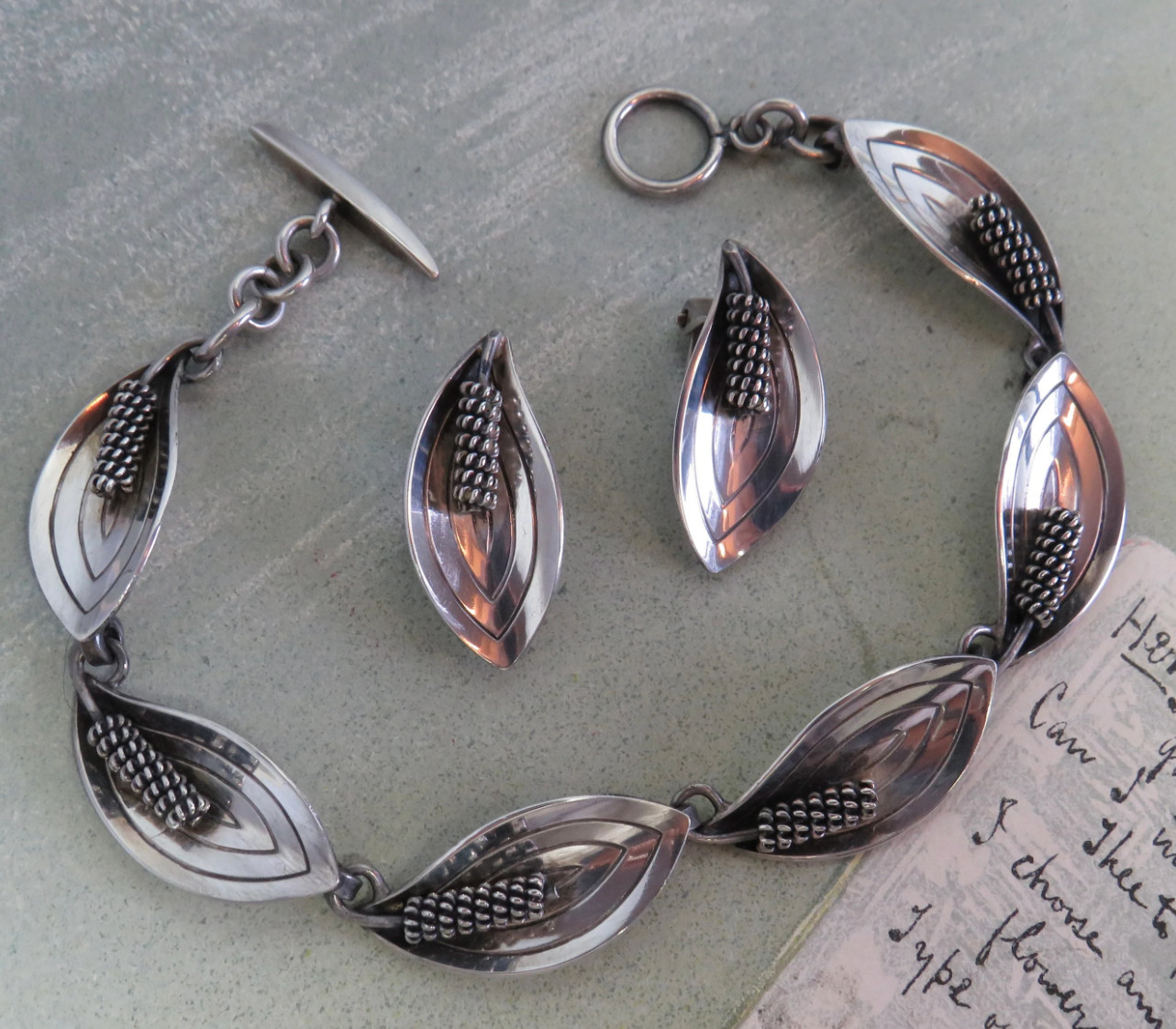 MCM Aarre and Krogh A&K Danish Modern Sterling Silver Leaf Bracelet & Earrings