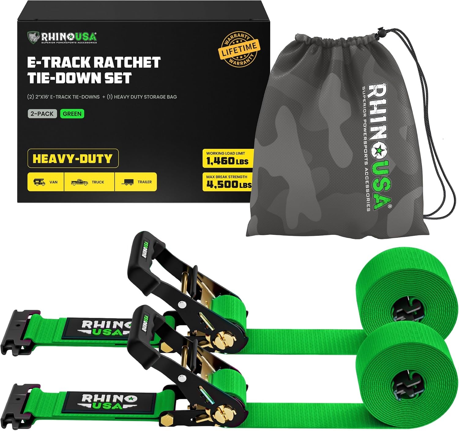 Rhino USA E Track Ratchet Tie Down Straps 4,500lb Break Strength - Includes