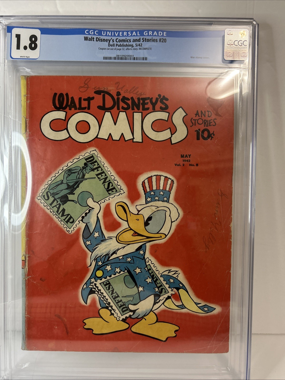 Walt Disney's Comics and Stories # 20, World War II Donald War Stamps 1942 CGC