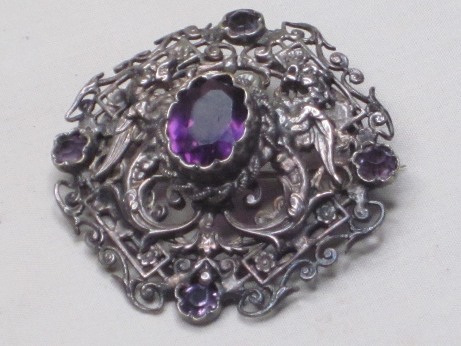 vintage antique ornate filigree brooch Asian winged dragon Amethyst detail pin vintage antique ornate filigree brooch Asian winged dragon Amethyst detail pin