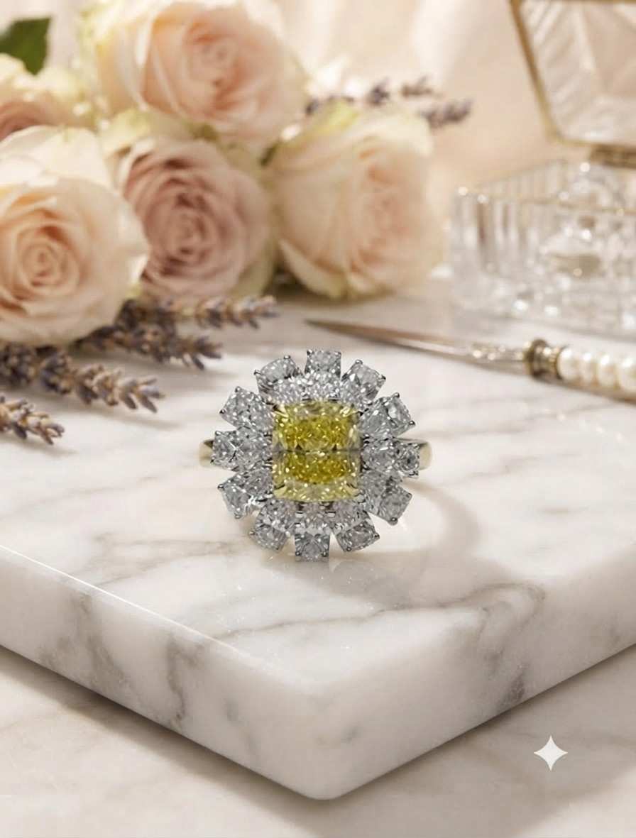 IGL Certified 6.10 Ct Natural Yellow Sapphire & Diamond Ring 14K White Gold
