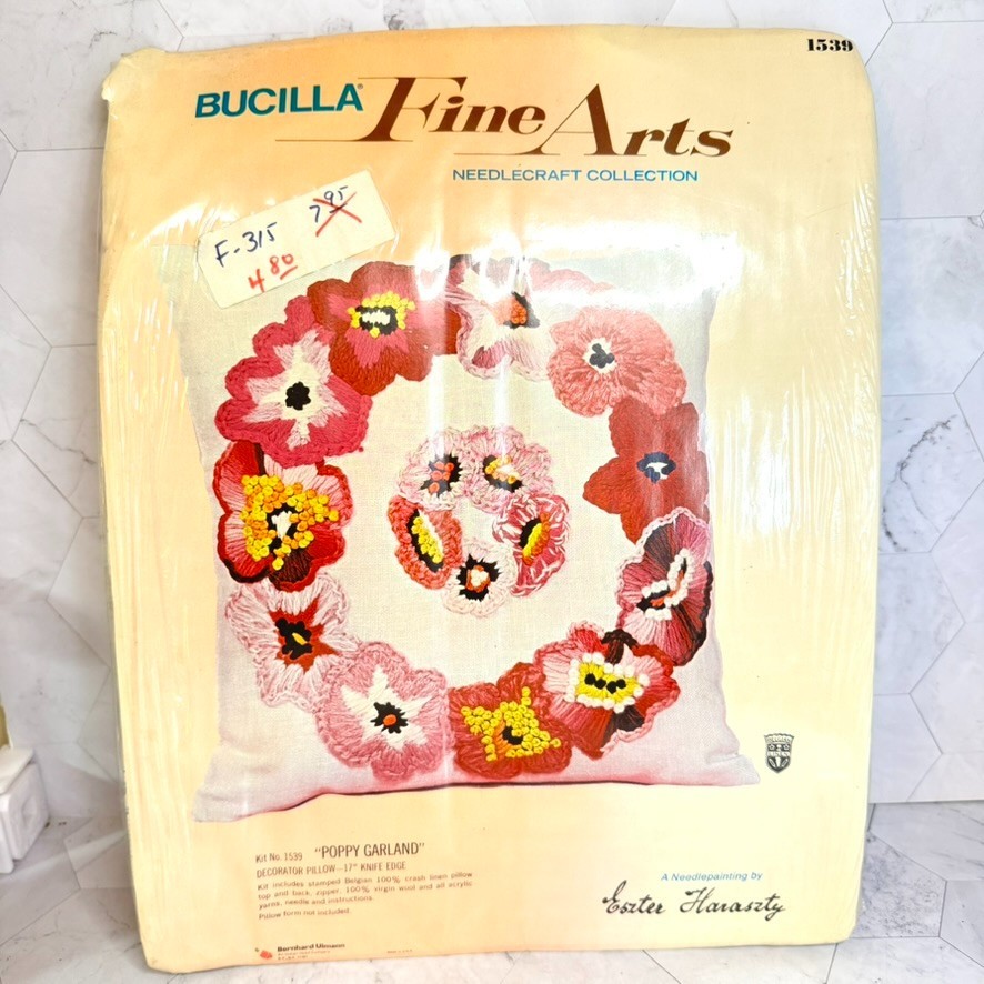 NOS Vtg Bucilla Needlecraft Kit Poppy Garland Pillow #1539 by Eszter Haraszty