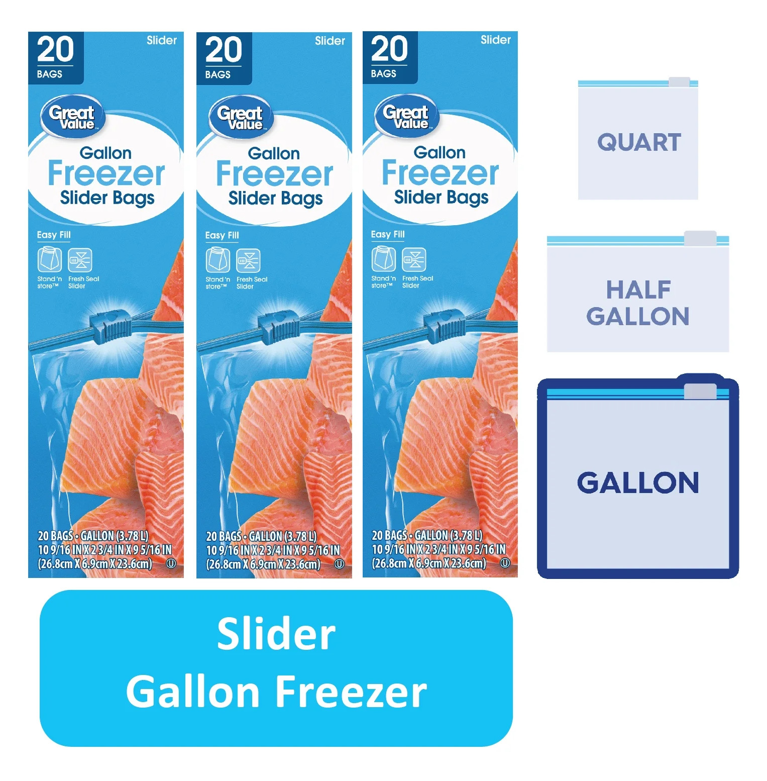 (3 Pack)Great Value Freezer Guard Slider Zipper Freezer Bags, 1 Gallon, 20 Count